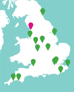 Map with markers showing where CCC projects took place across the country. West End, Morecambe is in the north west and highlighted with a pink marker.