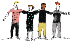 A drawing of four people interlinked