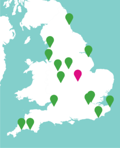 Map with markers showing where CCC projects took place across the country. Creative Kingswood and Hazel Leys is in Corby, in the midlands and highlighted with a pink marker.