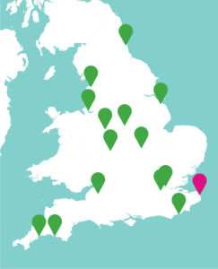 Map with markers showing where CCC projects took place across the country. Creative Newington in Ramsgate, Kent is in the north west and highlighted with a pink marker.