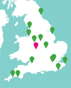 Map with markers showing where CCC projects took place across the country. Hard Times Require Furious Dancing in Birmingham is in the midlands and highlighted with a pink marker