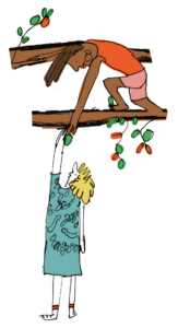 Drawing: A person on a low branch helps up the person below