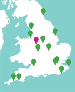 Map with markers showing where CCC projects took place across the country. The Portland Inn, in Stoke-on-Trent is in the north and highlighted with a pink marker.