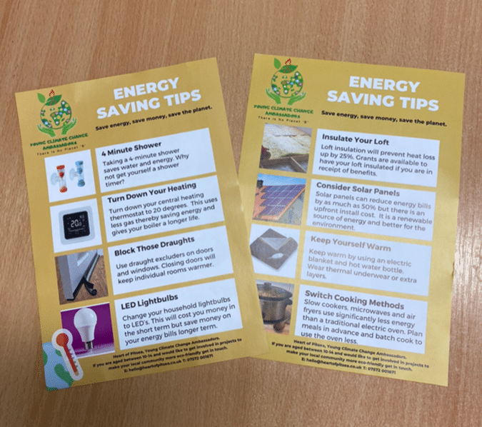 Flyers with energy saving tips, created and distributed by youth climate ambassadors in Heart of Pitsea.