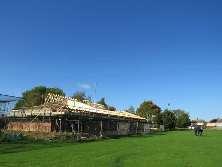 Ramsey Cricket Pavilion with scaffolding round it.