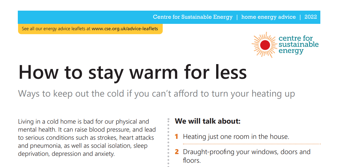 CSE's 'How to stay warm for less' advice sheet
