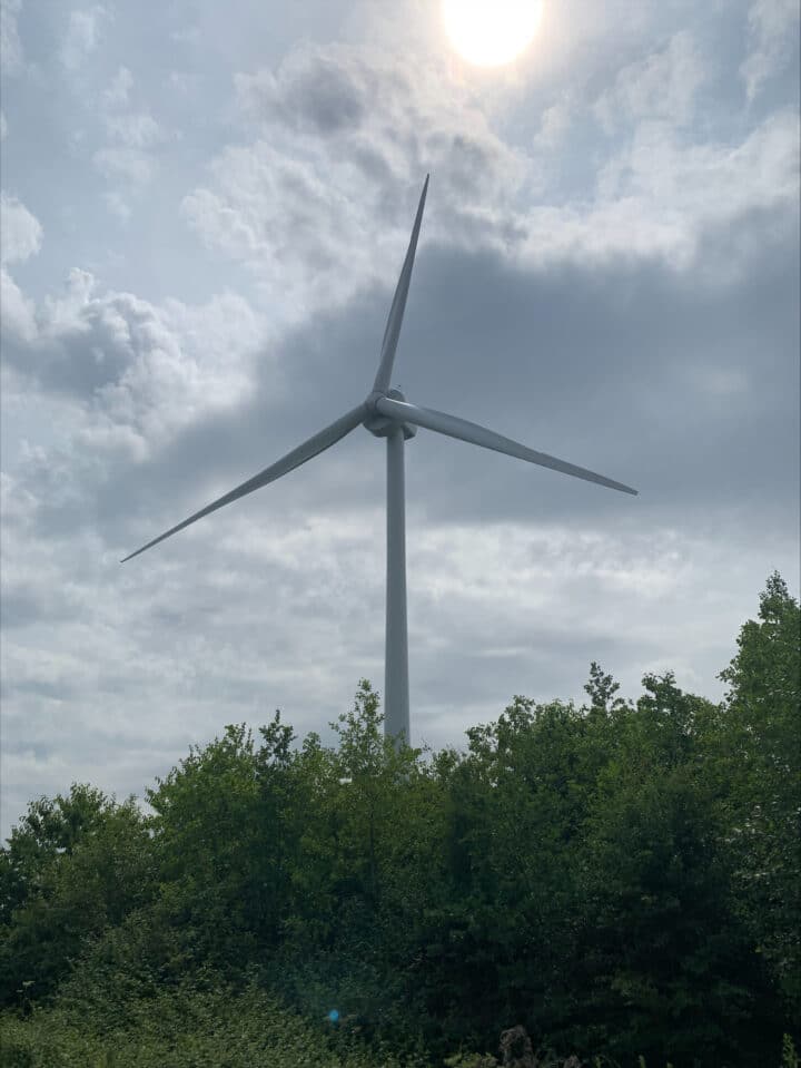 A wind turbine above some trees