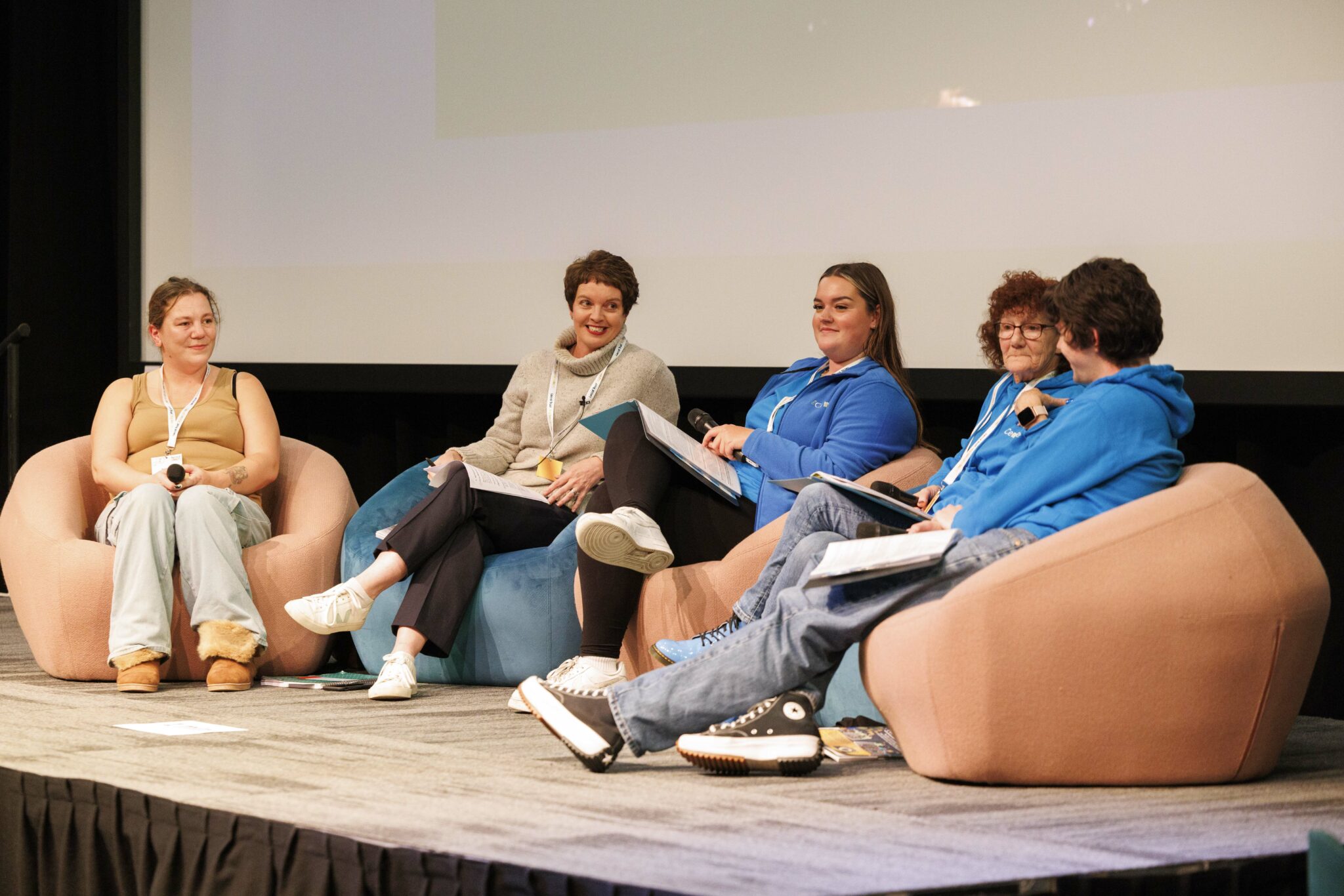 Four individuals from the Big Local programme sit on a panel with former journalist-at-large Louise Tickle in conversation at Connects 2023.