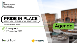 A presentation slide with a white left panel and a blurred cityscape photo on the right, overlaid with a green “Agenda” label. Visible text reads: “Ministry of Housing, Communities & Local Government,” “PRIDE IN PLACE,” “LED BY YOU – BACKED BY UK GOVERNMENT,” “winter event series,” “Liverpool,” “27 January 2026,” “Local Trust,” and “THIS DAY.”