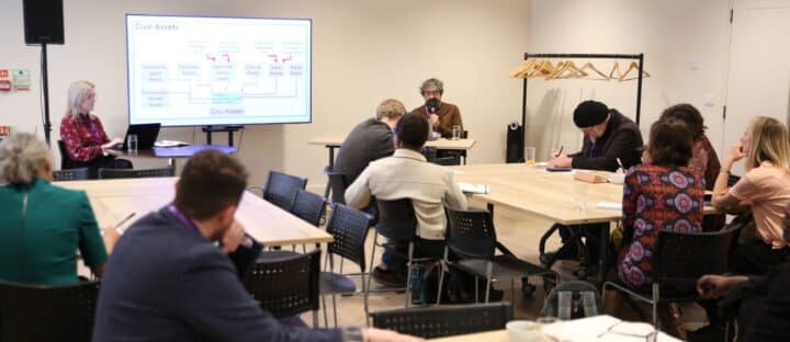 A group of people seated around tables at an indoor workshop, with a presenter speaking at the front and a screen displaying a diagram titled 'Civic Assets' on the wall behind them.