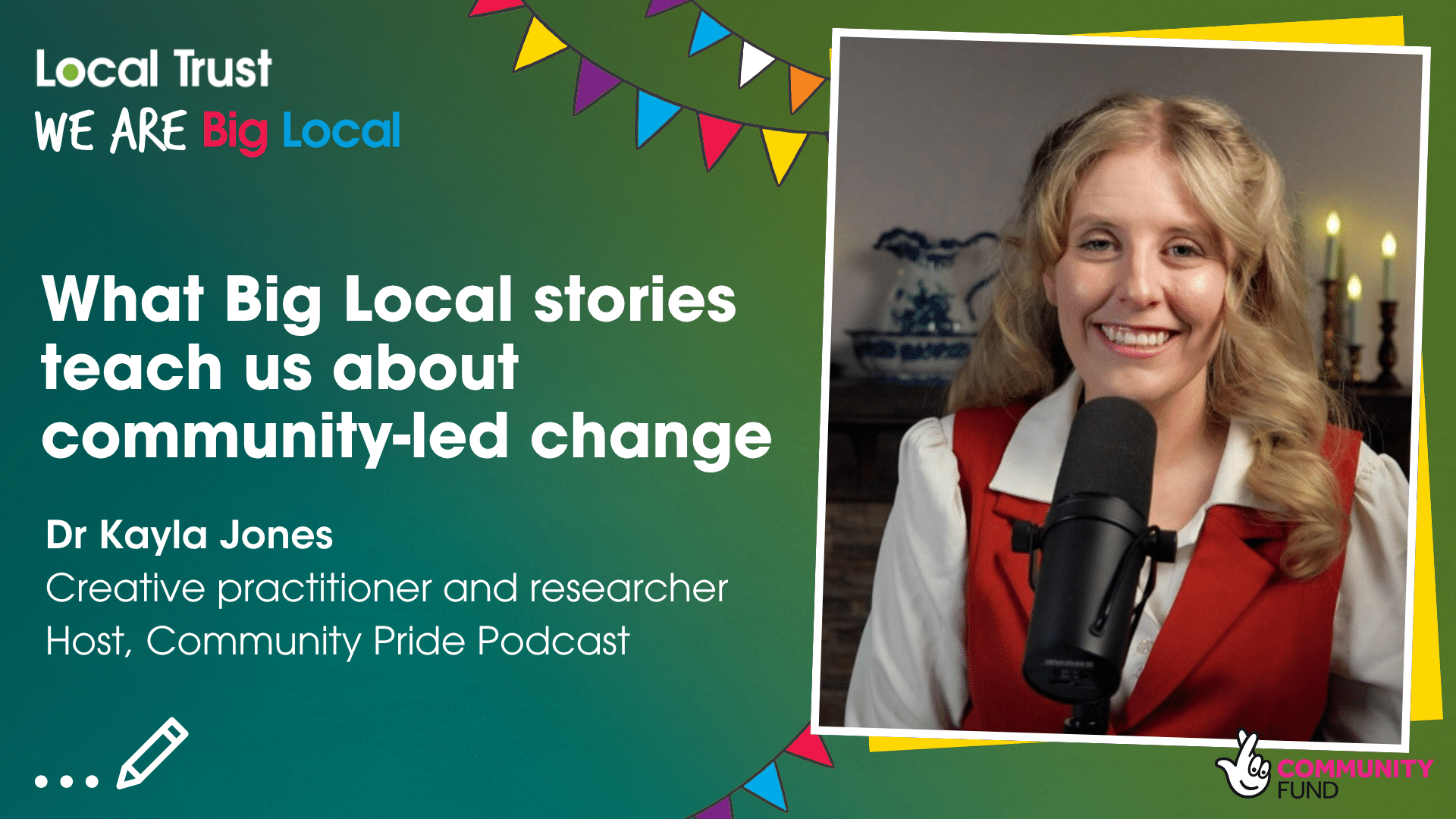 Graphic with text reads 'What Big Local stories teach us about community-led change'. Underneath it reads 'Dr Kayla Jones, Creative practitioner and researcher. Host, Community Pride Podcast'. On the right is an image of a smiling young woman with long blonde hair sittiing in front of a podcast microphone.