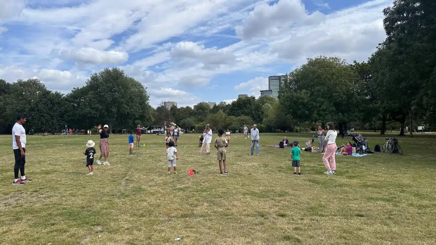 A group of adults and children enjoy outdoor activities together on a grassy park on a sunny day. Trees line the background alongside a city skyline, while other visitors relax on picnic blankets nearby