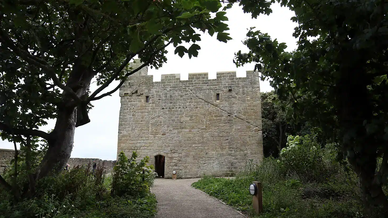A stone medieval tower with battlements, framed by trees and lush greenery, with a gravel path leading to a wooden entrance door.
