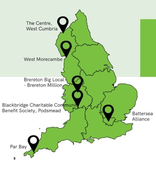 A map of England with several location markers highlighting community organizations and areas, including The Centre (West Cumbria), West Morecambe, Brereton Big Local (Brereton Million), Blackbridge Charitable Community Benefit Society (Podsmead), Battersea Alliance, and Par Bay