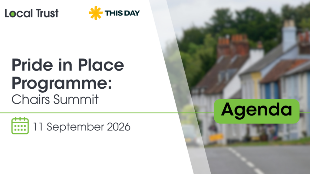 A presentation slide with a white left panel and a blurred photo of village cottages on the right, overlaid with a green "Agenda" label. Text reads "Local Trust," "This Day," "Pride in Place Programme: Chairs Summit," and "11 September 2026."