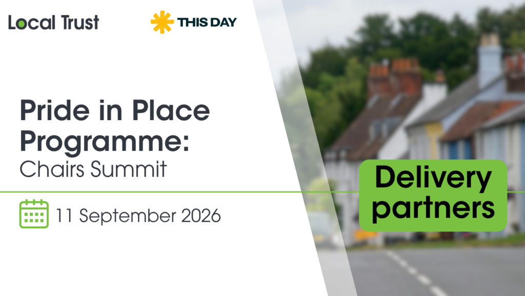 A presentation slide with a white left panel and a blurred photo of village cottages on the right, overlaid with a green "Delivery partners" label. Visible text reads "Local Trust," "This Day," "Pride in Place Programme: Chairs Summit," and "11 September 2026.