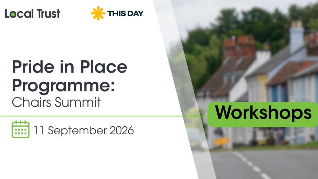 A presentation slide with a white left panel and a blurred photo of village cottages on the right, overlaid with a green "Workshops" label. Visible text reads "Local Trust," "This Day," "Pride in Place Programme: Chairs Summit," and "11 September 2026.
